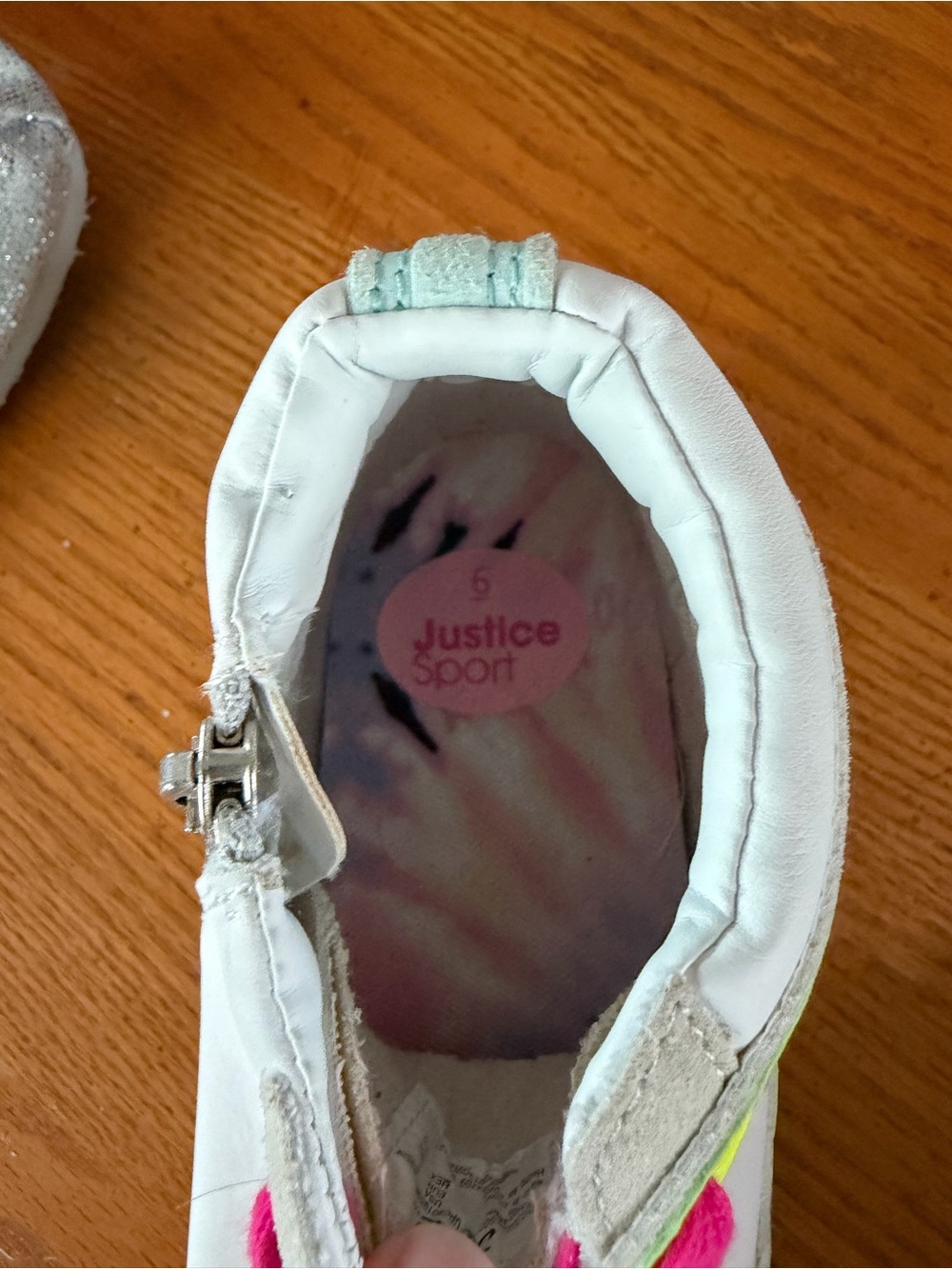 Justice Sport Girls White Sneakers with Neon Yellow Accent and Hot Pink Laces - Picture 5 of 5